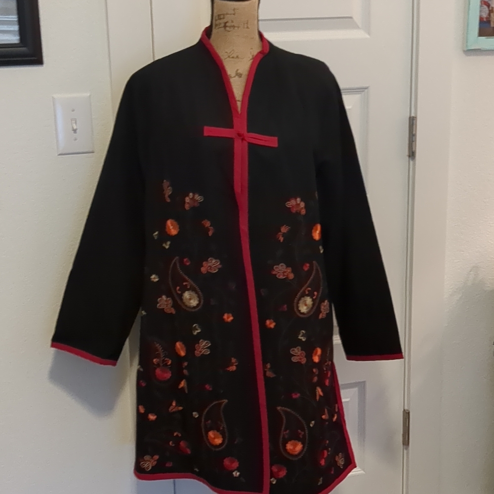 SilkLand Black Jacket with Red and Orange Embroidery